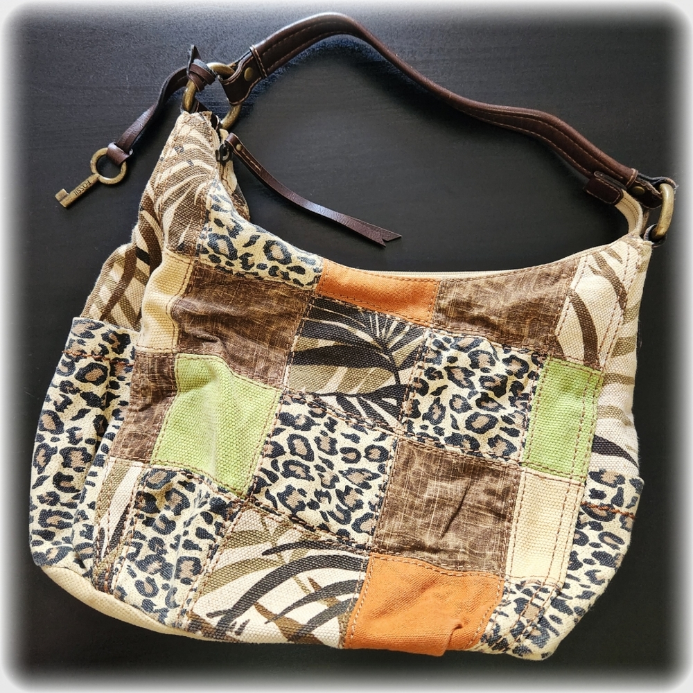 Fossil Vintage Animal Print Patchwork Purse with Shoulder Strap/Zipper